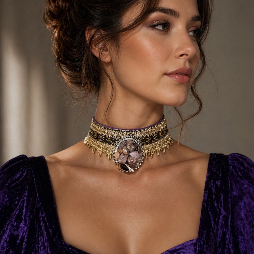 Artisan Choker Handmade OOAK Necklace Collar w/Cluster Gemstone Pendant Signed